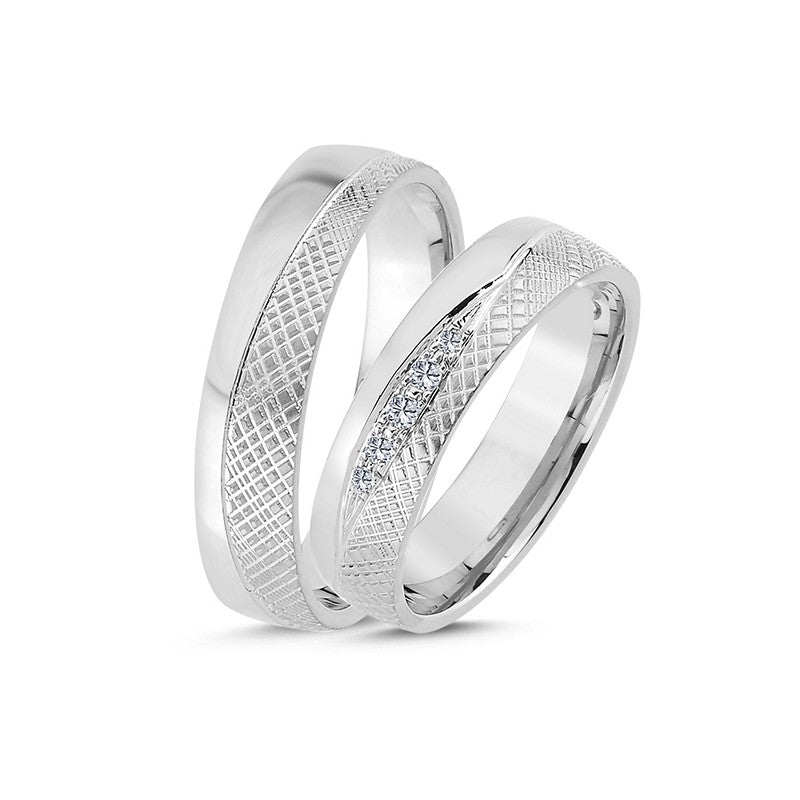 Eksklusive Nuran vielsesringe i 14 kt hvidguld med grafisk mønster og 0,07 ct diamanter