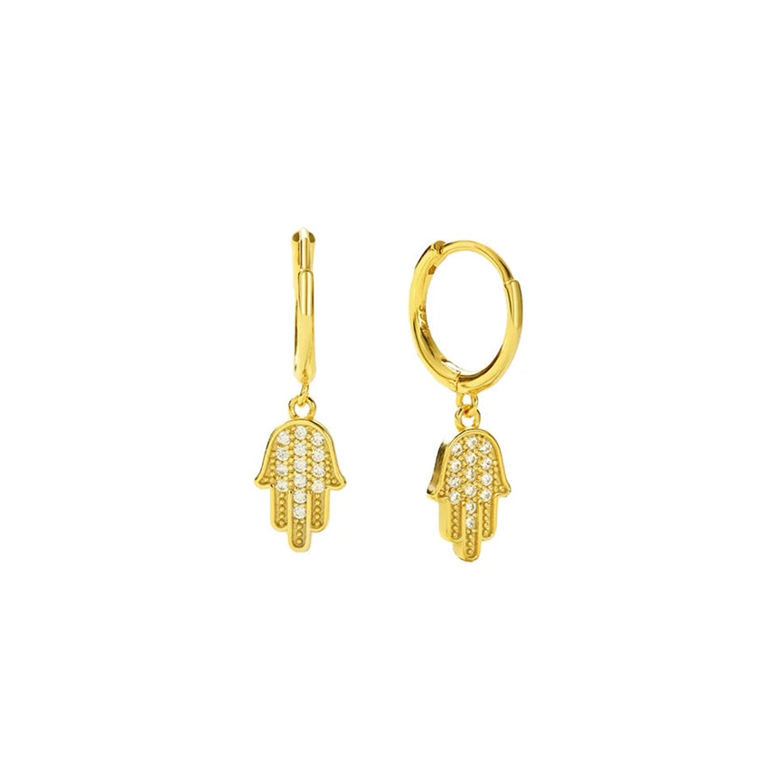 ByBirch øreringe i forgyldt sølv med Hamsa hånd og zirkonia, 23 mm