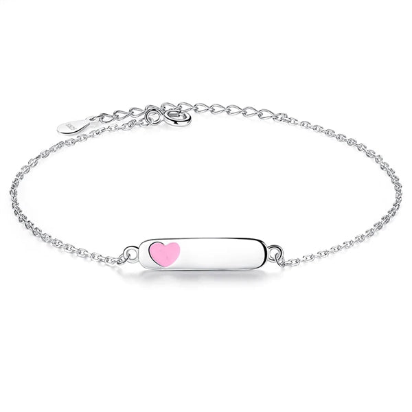 ByBirch børnearmbånd i sølv med lyserødt hjerte og plade