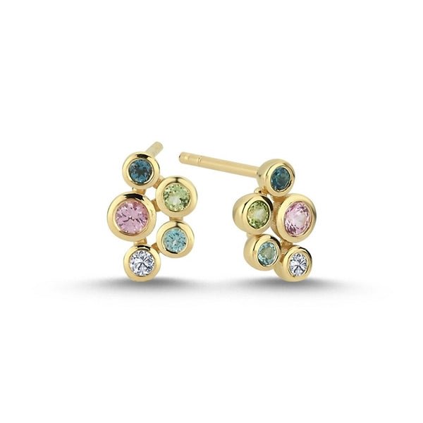 Nuran Bubbles øreringe i 14 kt guld med diamanter, lysblå og london blue topas samt pink og grøn safir.