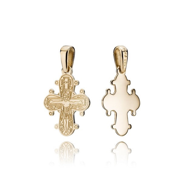 BNH Dagmarkors vedhæng i 8 eller 14 karat guld med reliefdetaljer foran og blank bagside, 15x13 mm.