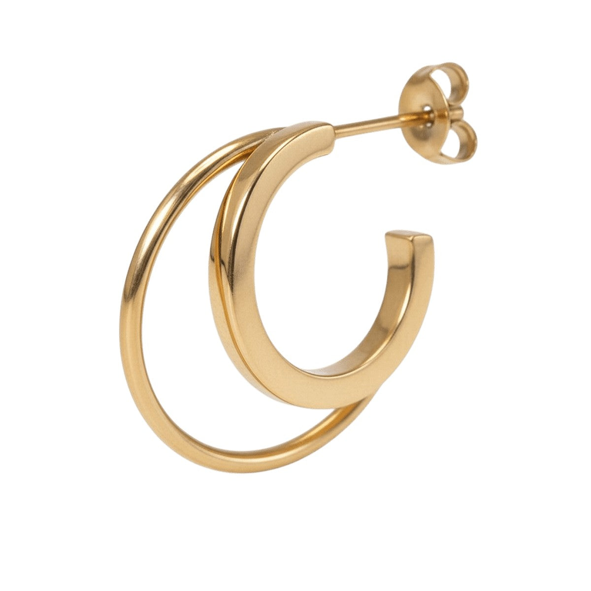 Jane Kønig Double Olympia Hoop ørering i 18 karat forgyldt rustfrit stål med to sammenløbende ringe, diameter 11,5-14,6 mm.