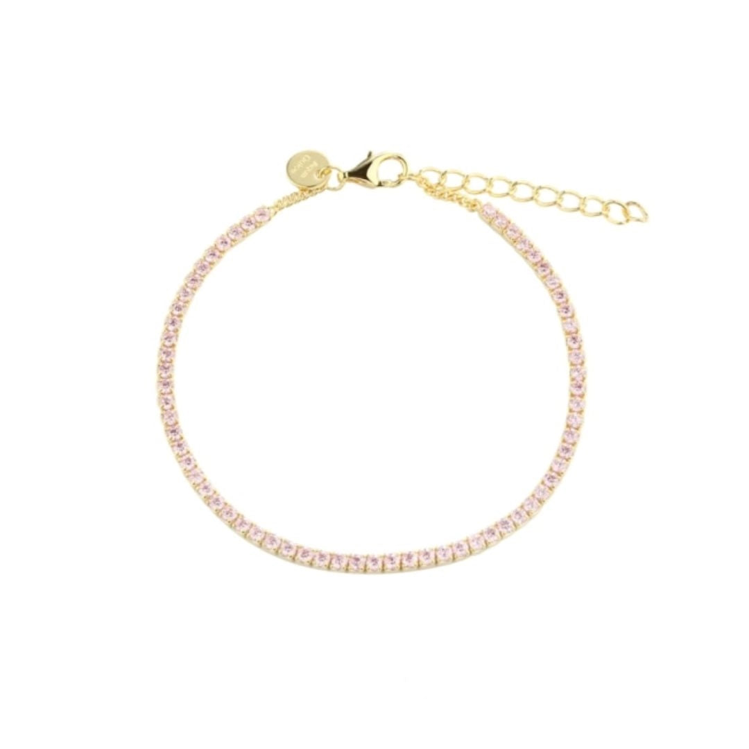 Aqua Dulce Dagny armbånd i forgyldt 925 sterlingsølv med lyserøde zirkonia i tennisdesign 17–20 cm.