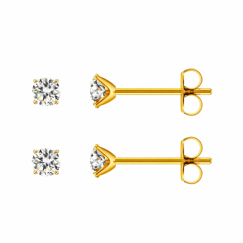 Guldcenter ørestikkere i 100% titanium med 18 karat forgyldning og facetslebne klare sten, 3 mm.