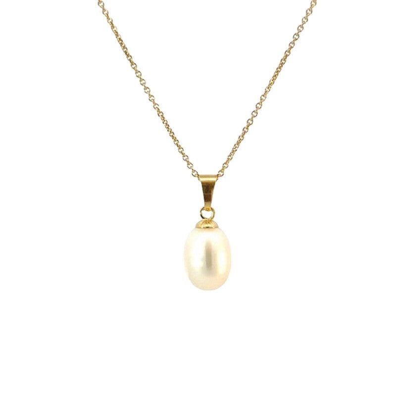 Ovalt perlevedhæng i 8 kt guld med forgyldt kæde 45 cm fra Smykkecenter