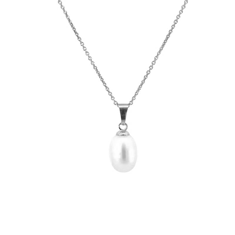 Ovalt perlevedhæng i sølv med kæde 45 cm fra Smykkecenter