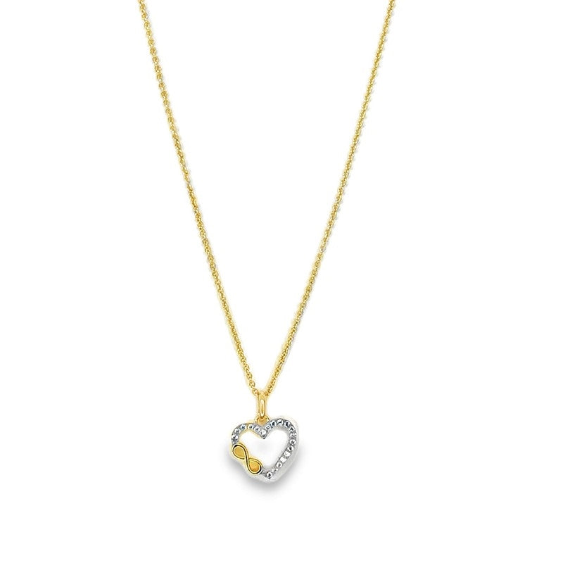 8 karat guld hjertevedhæng med zirkonia og uendelighedstegn samt forgyldt rund ankerkæde (45 cm) fra Smykkecenter.