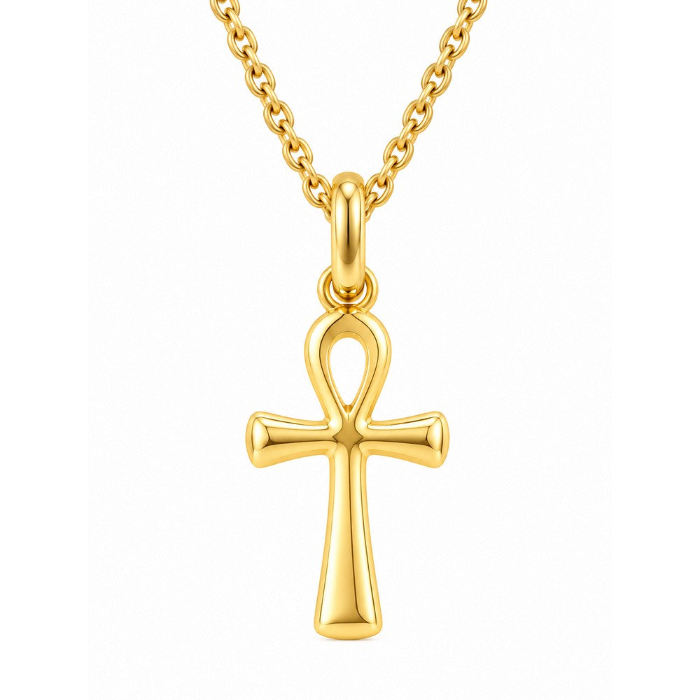 Ankh kors vedhæng i 8 karat guld med forgyldt sølvkæde 42–45 cm fra Guldcenter.