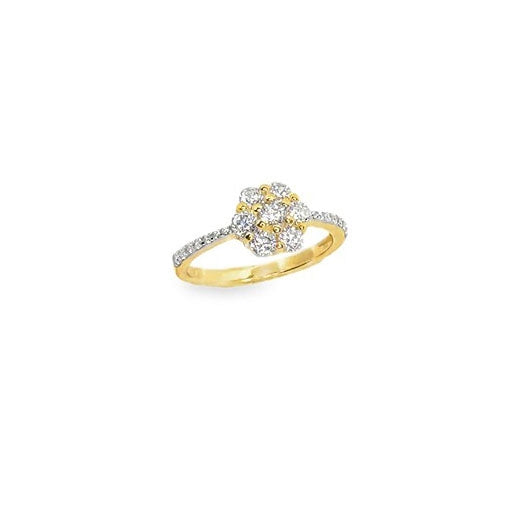 8 karat guldring fra Smykkecenter med zirkonia i blomsterform og funklende sten på ringskinnen.