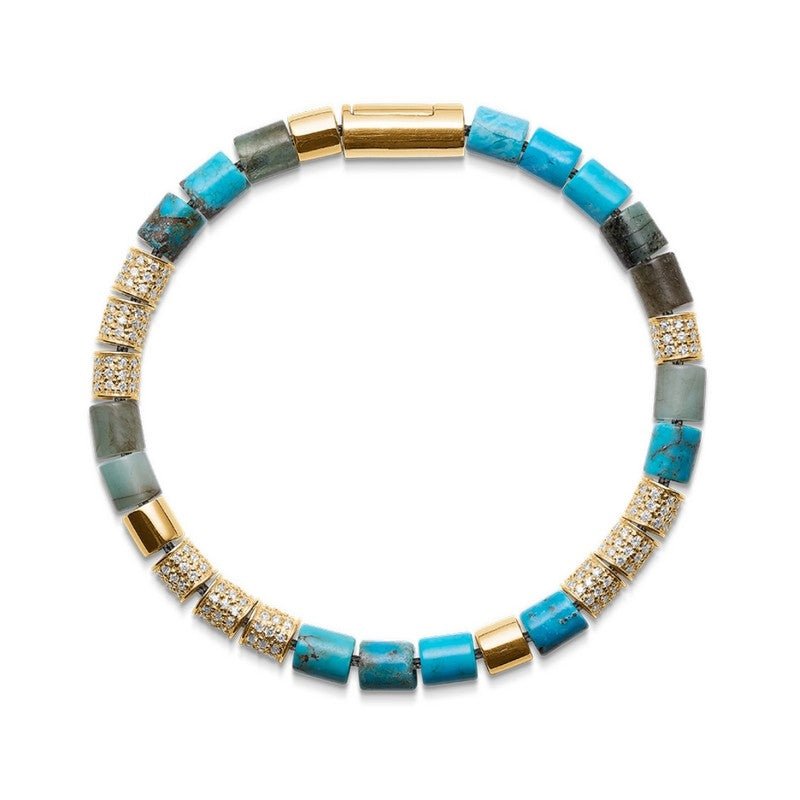 Black Sun GOLD COAST armbånd i sort nylonsnor med 14 kt guldlås, smaragd, turkis, guld og diamant, 16,5–21 cm – Mads Z