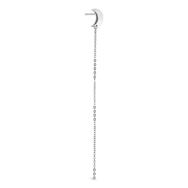 Jane Kønig Half Moon Chain stud i sterlingsølv med halvmåne og lang kæde, 8 cm.