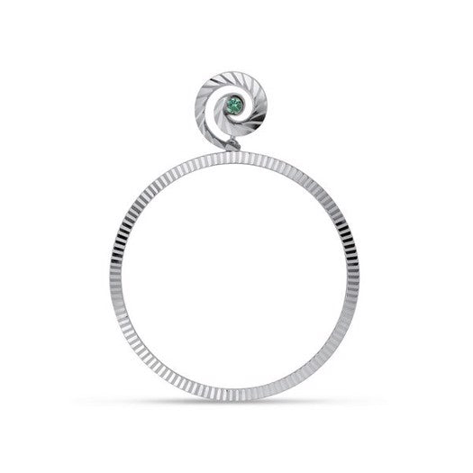 Jane Kønig Impression hoop i sølv med grøn smaragd, 37 mm – spiralformet ørering med karakteristisk mønster.