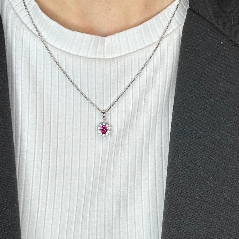 Siersbøl sølvvedhæng med pink safir og zirkonia, 42+3 cm kæde