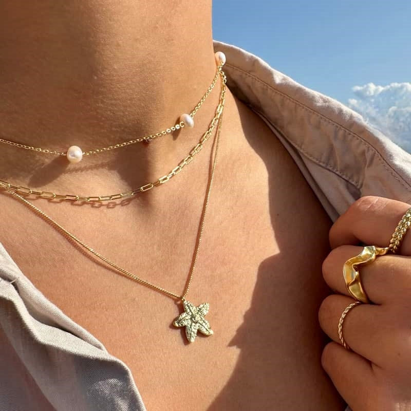 Britt halskæde i 18 karat forgyldt sølv med søstjernevedhæng fra MerlePerle 40+4 cm