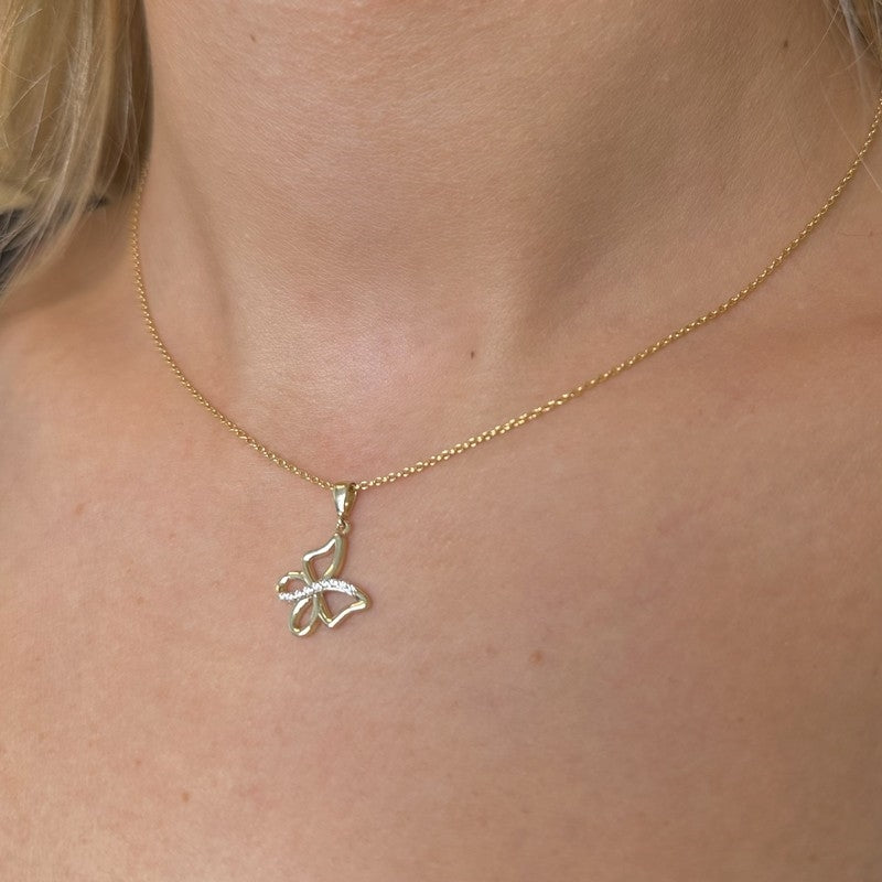 Siersbøl vedhæng i 8 kt guld med sommerfugl og zirkonia, inkl. forgyldt sølvkæde 41+3 cm