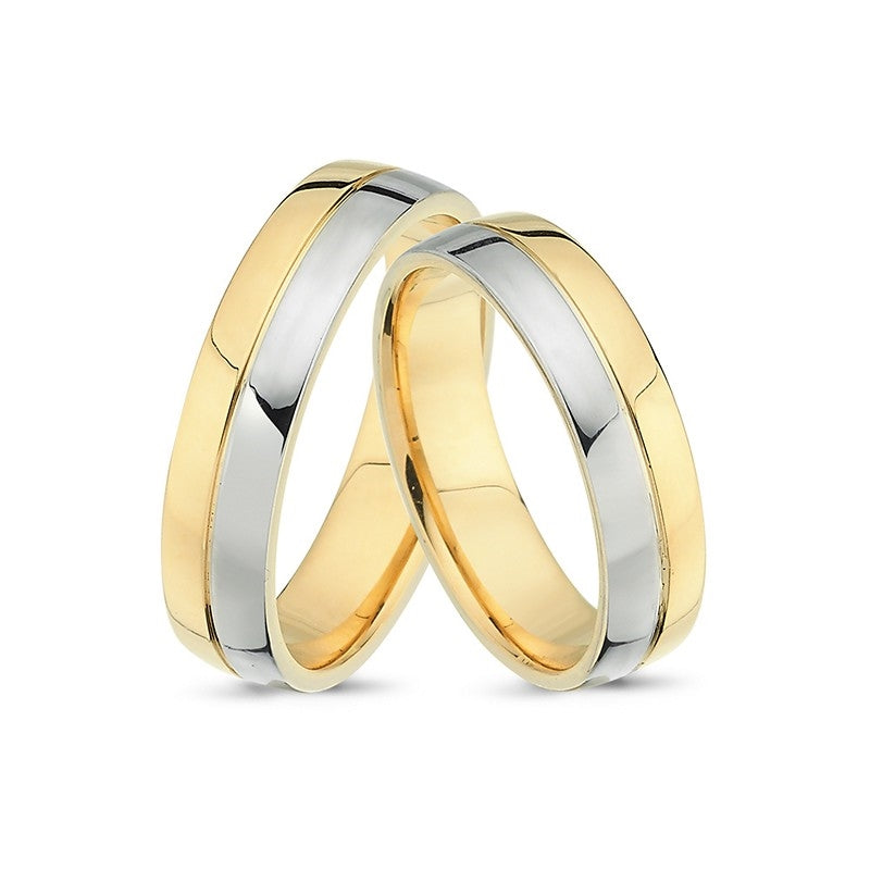 Eksklusive Nuran vielsesringe i 14 kt guld og hvidguld med tofarvet bånd og graveret streg.