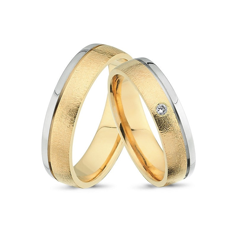 Smukke Nuran vielsesringe i 14 kt guld og hvidguld med 0,02 ct diamant – klassiske tofarvede ringe.