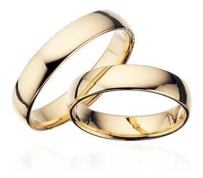 Klassiske Scrouples vielsesringe i 8 eller 14 karat guld med glat, blank overflade og buet profil, 4,5 mm.