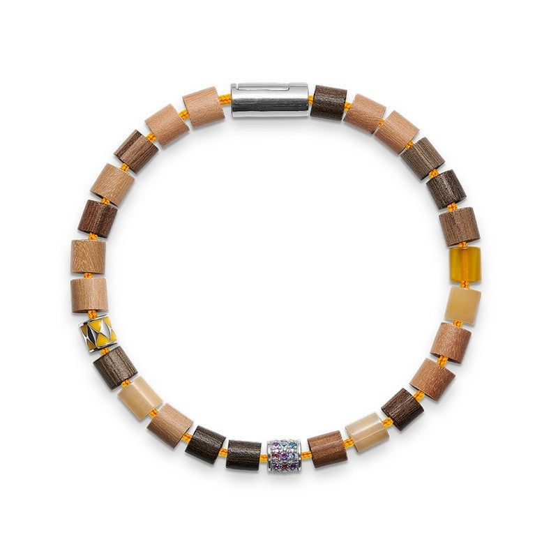 Black Sun MAKUA BEACH Yellow armbånd fra Mads Z med gule nylonsnor, driftwood, gule og hvide perler og sølvlås.