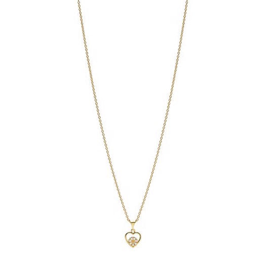 Marguerit hjertevedhæng fra Lund Copenhagen i forgyldt sterlingsølv med 5 mm marguerit – justerbar kæde 38–42 cm.