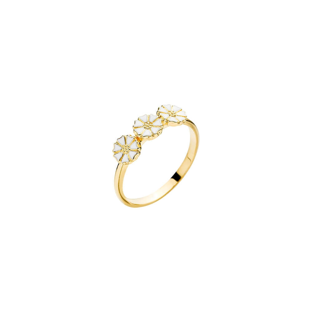 Lund Copenhagen marguerit ring i forgyldt sterlingsølv med 3 hvide emaljemargueritter, 5 mm.