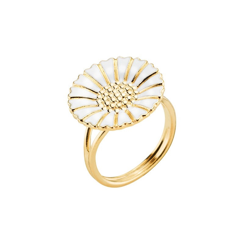 Lund Copenhagen Margueritring i forgyldt sterlingsølv med hvid emalje, 18 mm diameter.