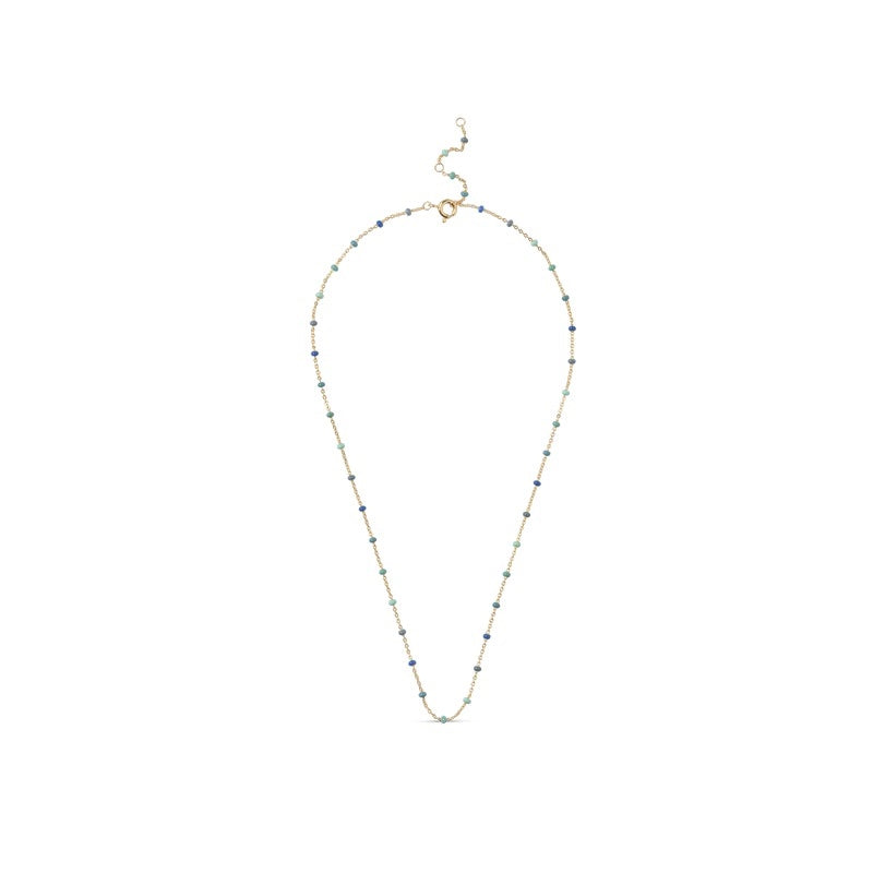 Lola Atlantic halskæde i forgyldt sølv fra Enamel Copenhagen med blå og grønne emaljekugler 38+2+2 cm
