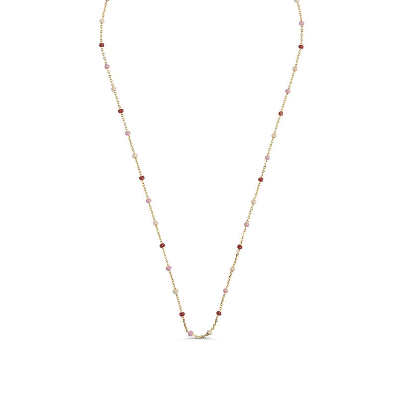 Lola Rosie halskæde fra Enamel Copenhagen i 18 kt forgyldt sølv med håndmalede rosa emaljeperler, 38–42 cm.
