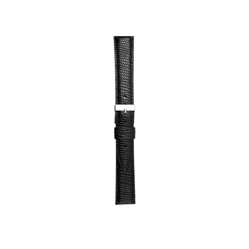 Romenta urrem i sort firben præget læder med blank finish og stålspænde i 14–20 mm.