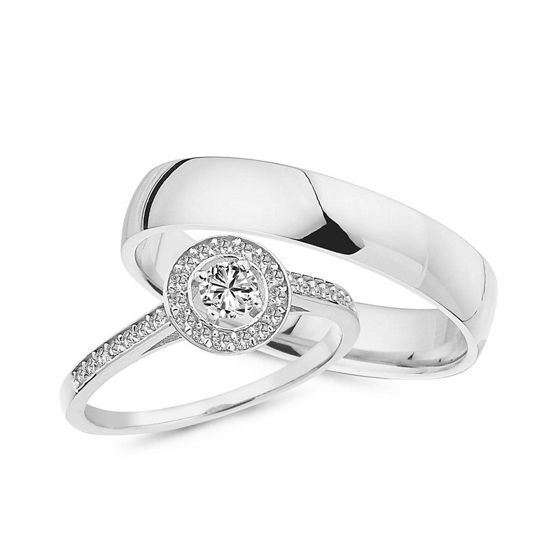 Luksuriøse Nuran vielsesringe i 14 karat hvidguld med roset og 0,51 ct diamanter fra Smykkecenter.