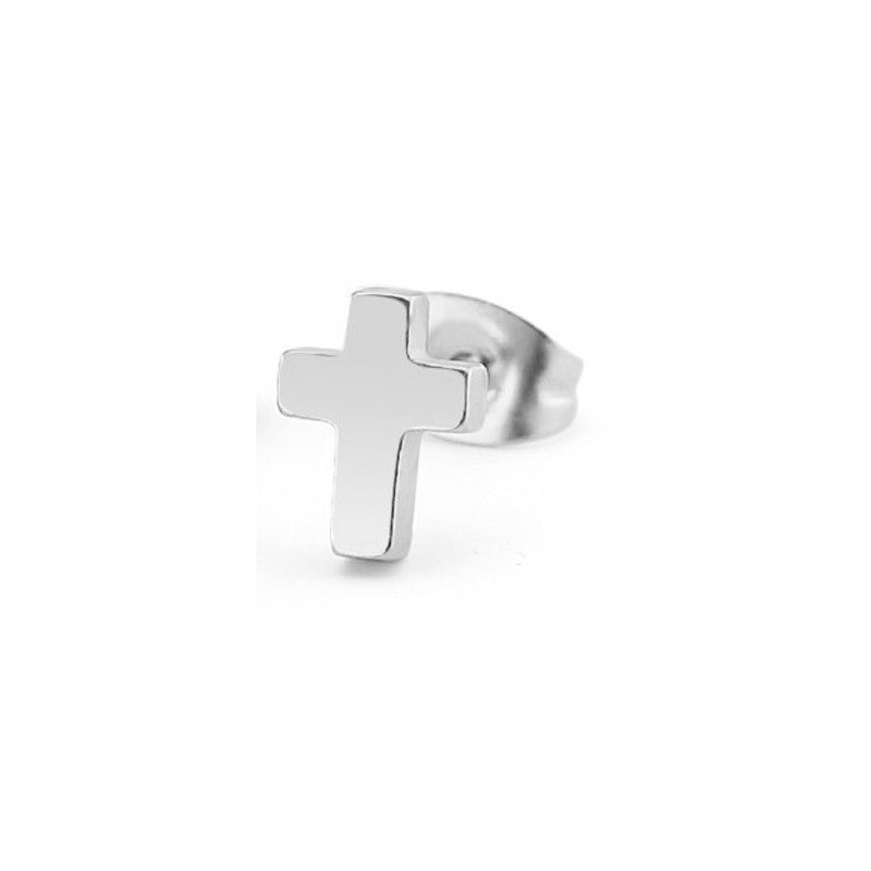 Rico's Kors ørestik i blank stainless steel 10x8 mm med sommerfuglelås – enkelt design.