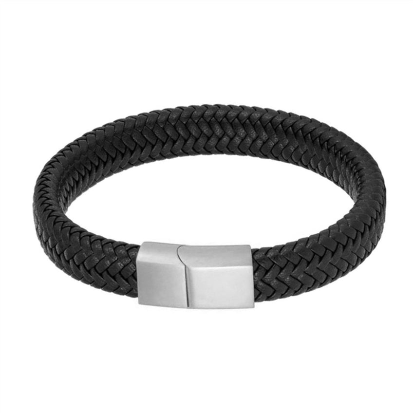 Rico’s bredt læderarmbånd med mat stållås i sort vævet læder og rustfrit stål 19–21 cm.