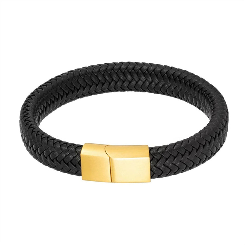 Rico's sort læderarmbånd med forgyldt stållås i bredt maskulint design.