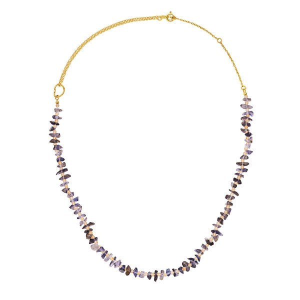 Riesme halskæde fra Maanesten i 18 karat forgyldt sølv med blå iolit og orange solsten, 50 cm.