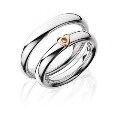 Eksklusive Scrouples vielsesringe i 925 sterlingsølv med 14 kt guldhjerte og 0,03 ct diamant i damering.