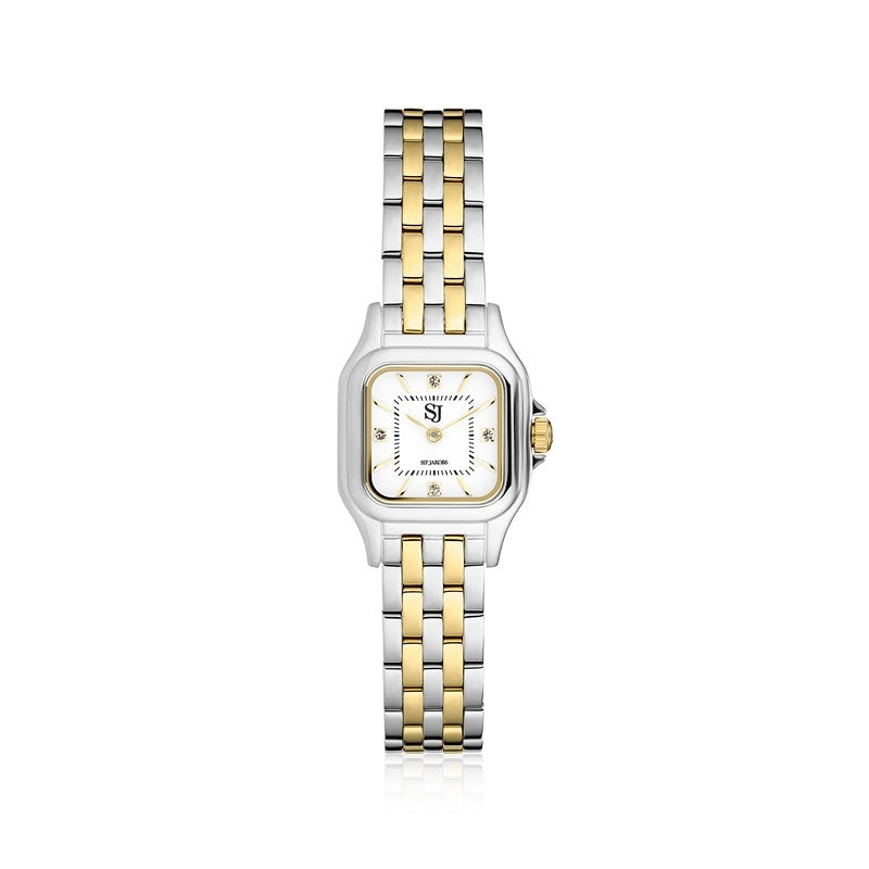 Sif Jakobs Fiorella bi-color ur i stål med mat hvid urskive og gyldne detaljer.