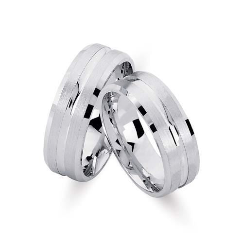 Unikke Nuran vielsesringe i rhodineret sølv med grafisk linjemønster, 7 mm