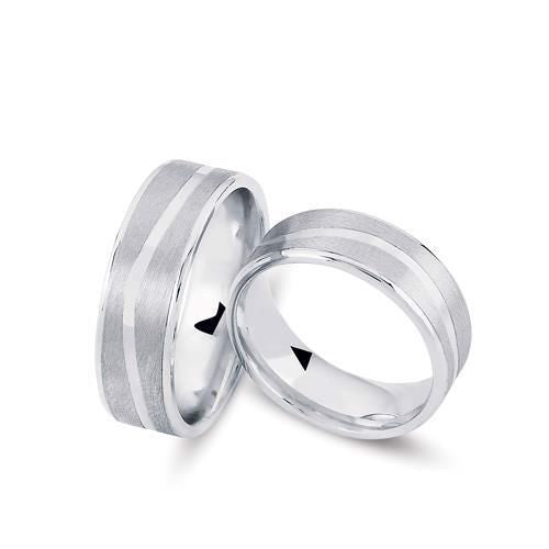 Unikke Nuran vielsesringe i rhodineret sølv med blanke striber og børstet overflade