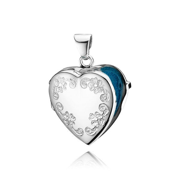 BNH hjertevedhæng i rhodineret sølv med blomstermønster Small 16x19 mm