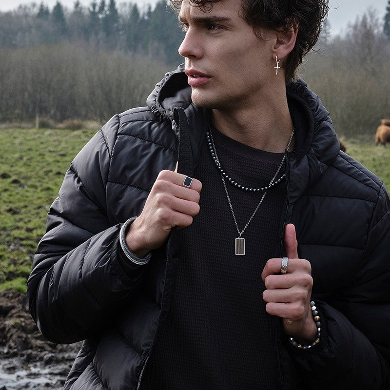 Son of Noa halskæde i stål med sorte agatperler, 6 mm