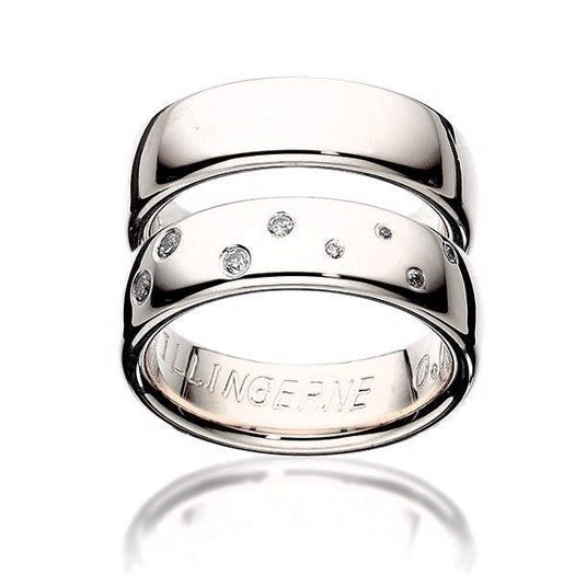 Unikke Scrouples vielsesringe i 14 kt hvidguld med Tvillingens stjernebillede og diamanter – 6 mm blanke ringe med let oval profil.