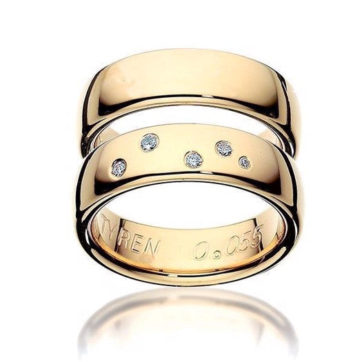 Unikke Scrouples vielsesringe i 14 eller 8 karat guld, blanke 6 mm med tyrens stjernebillede og diamanter.