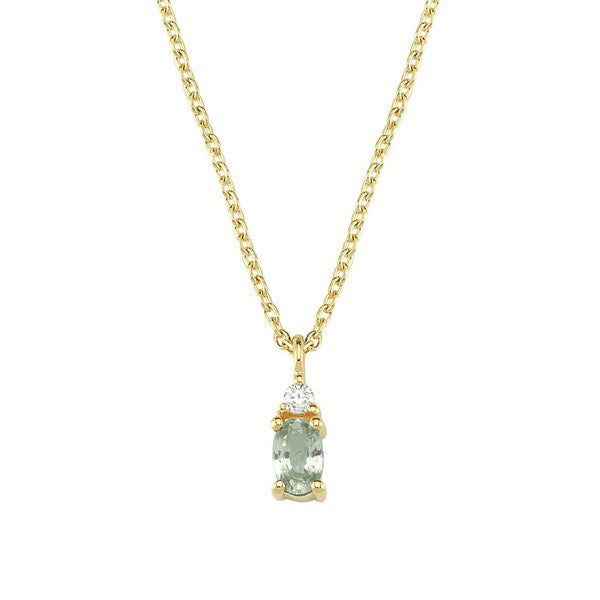Petit vedhæng i 14 kt guld med oval grøn safir og diamant 0,025 ct fra Nuran inkl. kæde