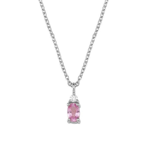 Petit vedhæng i 14 kt hvidguld med oval pink safir og diamant 0,025 ct fra Nuran med kæde