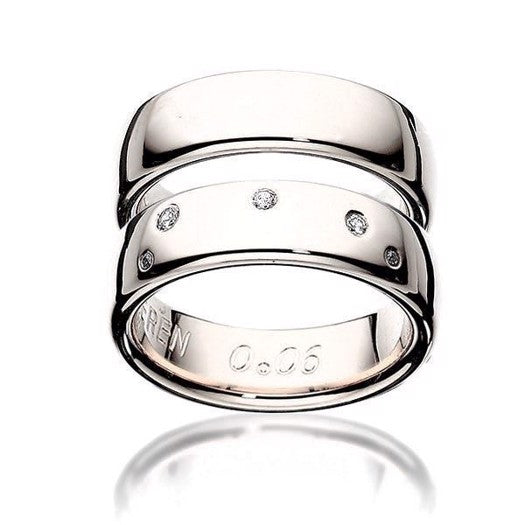 Smukke Scrouples vielsesringe i 14 kt hvidguld, blank, 6 mm med Vædderens stjernebillede