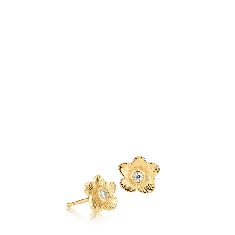 Frida øreringe i forgyldt sterlingsølv med krystal fra Izabel Camille – blomsterformede, ca. 9x9 mm.