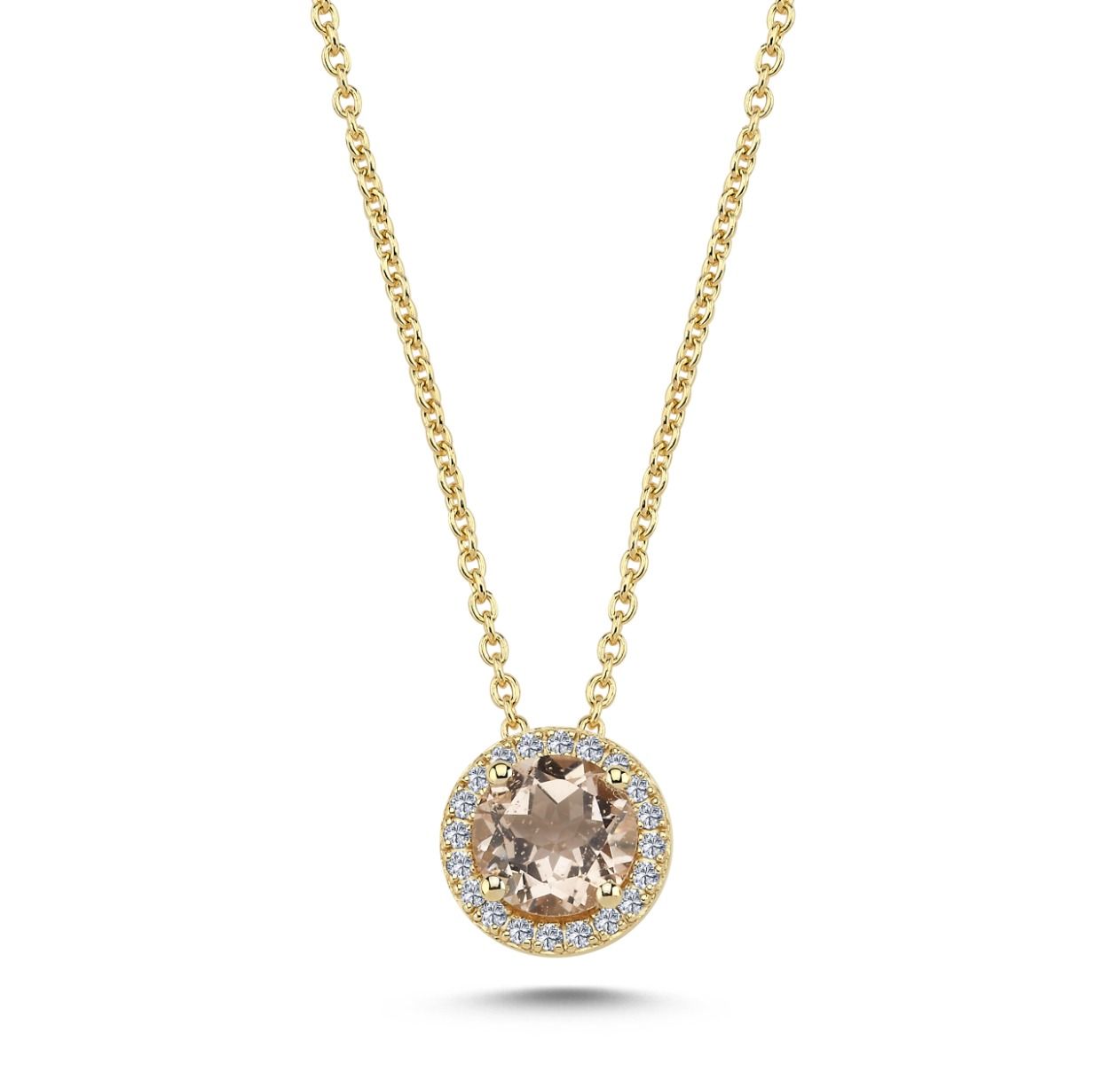 Grace vedhæng fra Nuran i 14 karat guld med 6 mm ferskenfarvet morganit omgivet af 0,10 ct diamanter.
