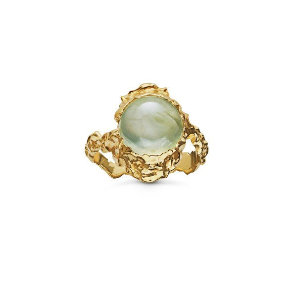 Gudinde ring i 18 karat forgyldt sølv med grøn prehnit fra Maanesten
