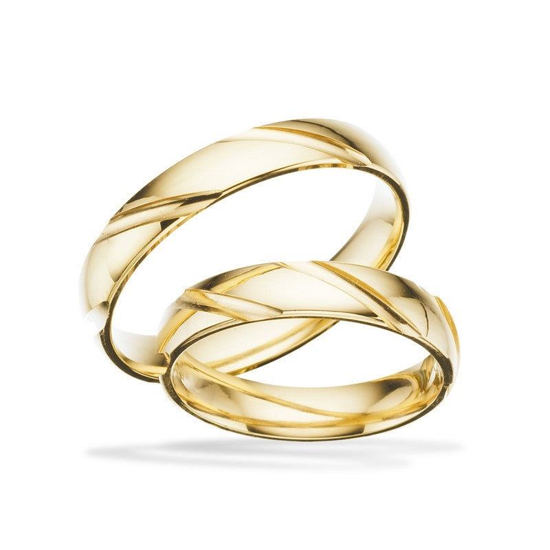 Flotte Scrouples vielsesringe i 8 eller 14 karat guld med blank overflade og skråt mønster, 4 mm