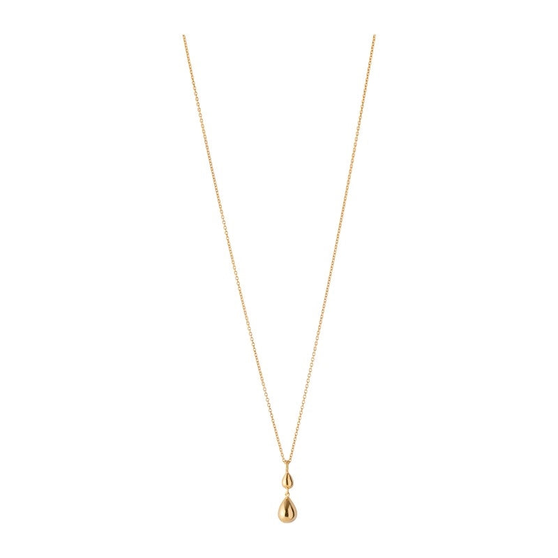 Forgyldt sølvhalskæde fra Pernille Corydon Soft Sky med dobbelte dråbevedhæng og justerbar længde 40–45 cm.